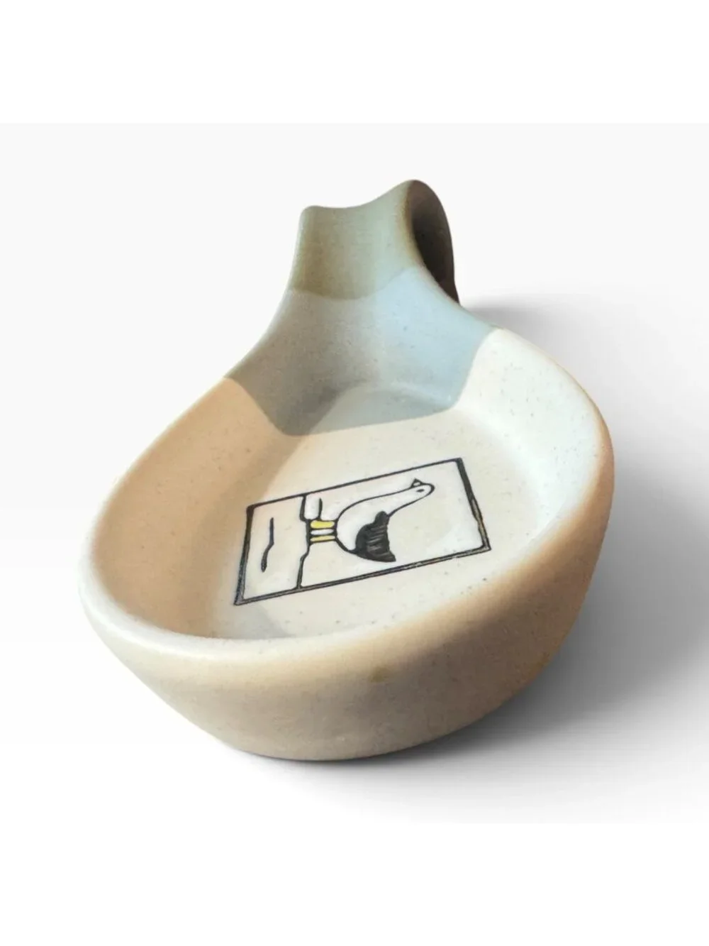 Bird Ceramic Spoon Rest With Bird Illustration Beige & Gray 6 Inches Long